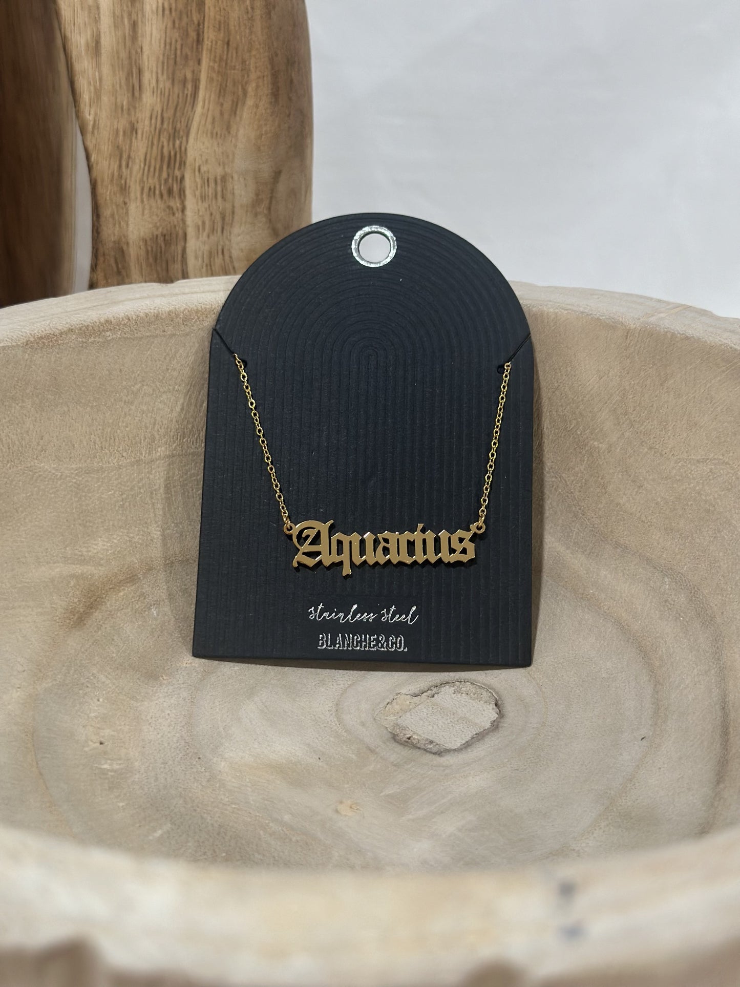 Stainless Steel Old English Aquarius Pendant Necklace